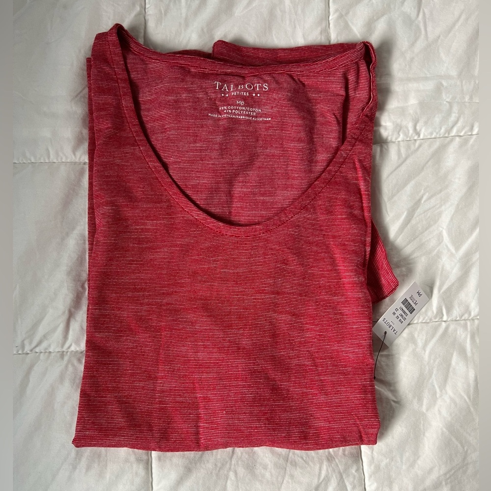NWT Talbots Short sleeve v neck t shirt  size MP red and white cross sleeve